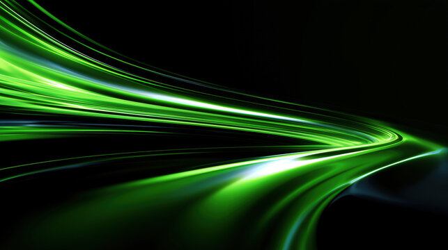 green light trails sweep across a dark background in a fluid, wave-like motion, evoking energy, speed, and futuristic elegance
