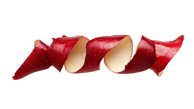 Fresh red apple with curled peel isolated on white background