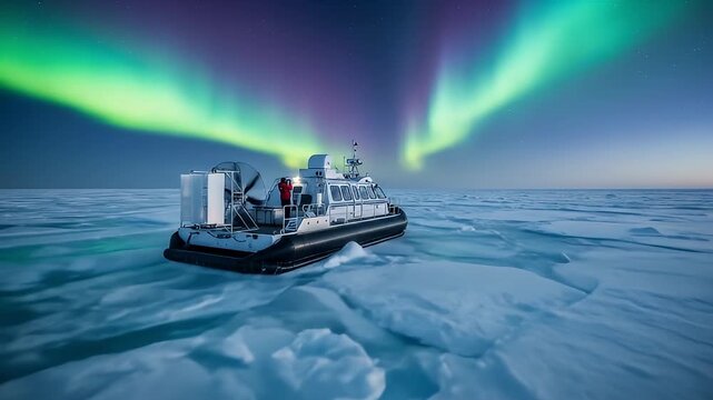 Polar Hovercraft Beneath Stunning Aurora Displays