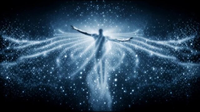 a surreal scene of a star falling from the sky but diving into a human soul instead of the earth, cosmic energies flowing through the body, fusion of melancholy and transcendence, glowing trails of