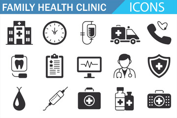 A collection of healthcare and family health clinic icons including medical equipment, professionals, and essential healthcare symbols