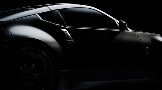A sleek, high-end black luxury sports car displayed against a dramatic black background in banner format. Generative AI