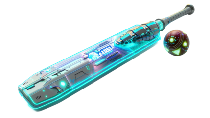 Futuristic Cybernetic Cricket Bat and Ball on white background