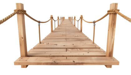 Wooden suspension bridge spanning a forested valley isolated on white background