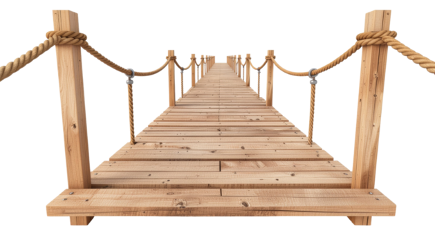 Wooden suspension bridge spanning a forested valley isolated on white background