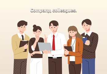 베이지색 배경, 회사 동료들이 이야기를 나누고 있는 모습의 일러스트