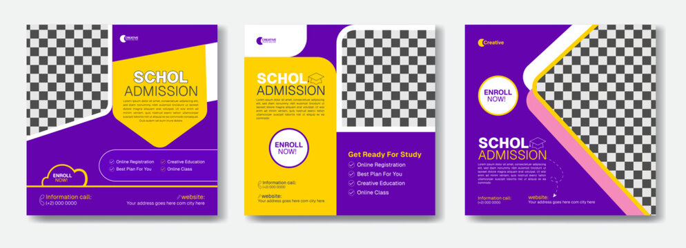Set of School admission social media post, back to school promotional banner template. student enrollment , education admission flyer design for Instagram post, web banner, and digital marketing campa