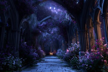 Enchanting moonlit pathway through ancient gothic ruins adorned with vibrant purple flowers under a starry night sky