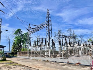High voltage electrical substation with transformers and power lines under blue sky, energy...