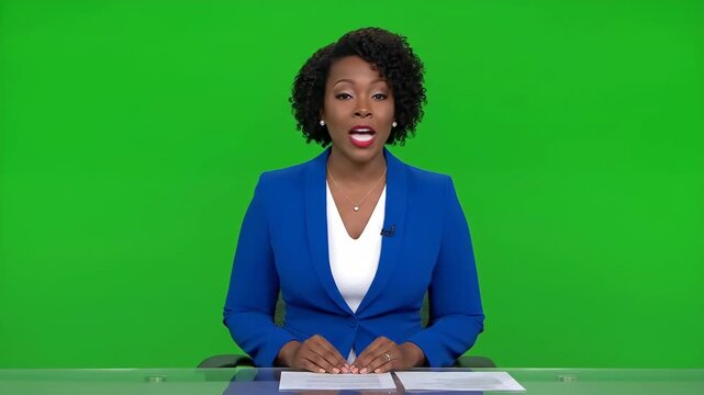 News Anchorwoman Presenting on Green Screen - A professional Black female news anchor in a blue blazer presents the news from behind a clear desk against a bright green screen.