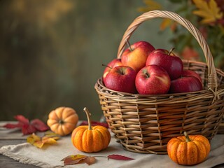 Seasonal Autumn Harvest Apples And Pumpkins In A Wicker Basket On A Rustic Wooden Surface Surrounded By Fall Leaves