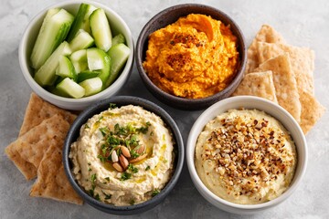 Assorted bowls of creamy dips including hummus, roasted red pepper, and nut toppings, served with fresh cucumber slices and crispy crackers on a textured surface