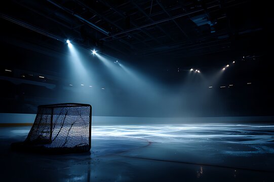Empty hockey rink with goal net under bright spotlights at night