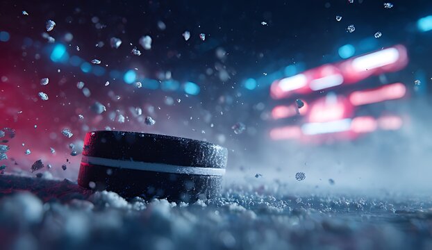 Hockey puck on ice with snow and blurry background lights