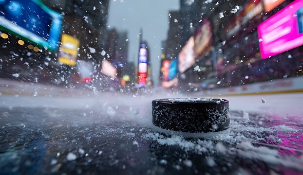 Hockey puck on a snowy city street in new york