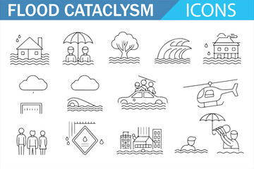 A Collection of Flood Disaster Icons: Drowning, Water Levels, and Emergency Rescue