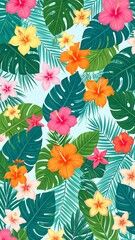 Vibrant tropical floral pattern with hibiscus and palm leaves on a light blue background