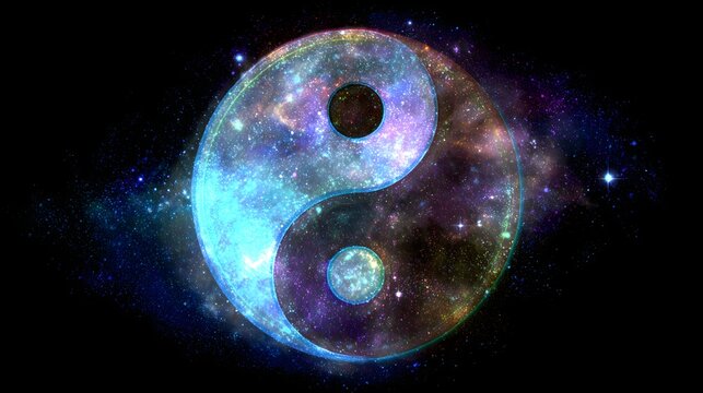 A vibrant yin yang symbol set against a backdrop of cosmic nebulae.