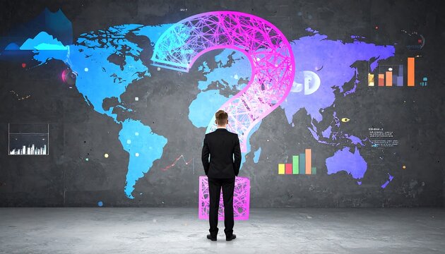 A person contemplates global issues, represented by a large question mark superimposed on a world map adorned with data visualizations. - Powered by Adobe