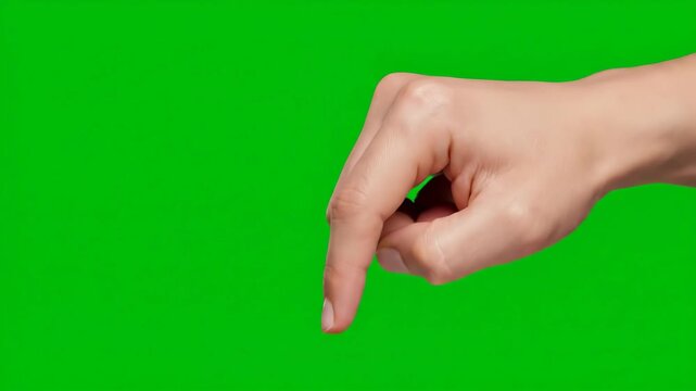 Hand Pressing Invisible Button - Green Screen - A close-up shot of a hand pressing down on an invisible, implied red button against a bright green screen background.