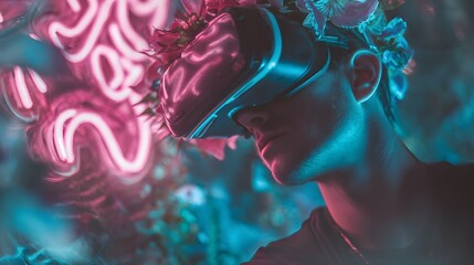 Person wearing virtual reality headset in neon light.
