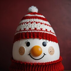 White egg in a red and white sweater with a Christmas hat on its head. Merry Christmas and New Year theme.