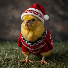 Yellow chicken in a red and white sweater with a Christmas hat on its head. Merry Christmas and New Year theme.