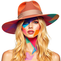 Young woman with colorful face art wearing a stylish hat  