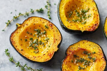 Roasted acorn squash halves garnished with fresh herbs and spices, showcasing vibrant yellow flesh and crispy edges, perfect for healthy meal preparation and seasonal recipes