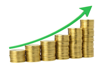 Stacks of gold coins arranged in increasing heights with a green upward trending arrow overlayed...
