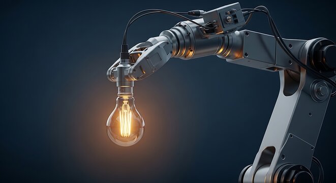 Robot arm holding an illuminated light bulb, symbolizing innovation and technology