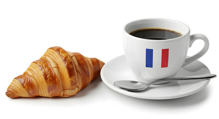 Delicious croissant and aromatic black coffee with a French flag design on the cup, perfect for a continental breakfast moment, evoking travel and Parisian cafe vibes