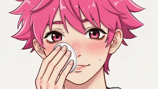 Young Character with Pink Hair Applying Skincare Product for Beauty Blogs, Cosmetics Websites, Skincare Tutorials, and Self-Care Content  