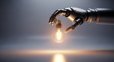 Robotic hand holding a glowing light bulb representing innovation and technology
