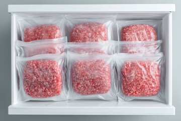 Frozen Ground Meat Packs Stored Neatly in White Freezer Drawer
