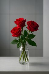 photography of a bouquet of red roses in a modern glass vase
