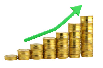 Stacks of gold coins increasing with a green arrow pointing upwards on a black background created with generated ai