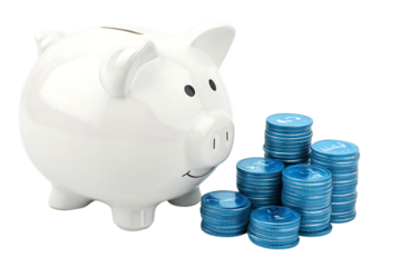 A white piggy bank with a smiling face next to several stacks of blue coins on a black background created with generated ai