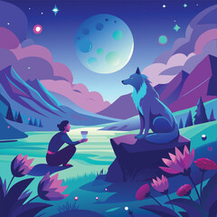 Obraz premium A cute cartoon cat silhouette watches the full moon and spooky stars from a tree branch on Halloween night