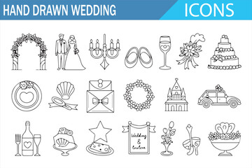 Wedding Celebration Icons: Hand-Drawn Symbols of Love and Ceremony
