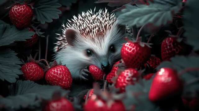 A playful hedgehog enjoys a snack among the red berries of a bush.