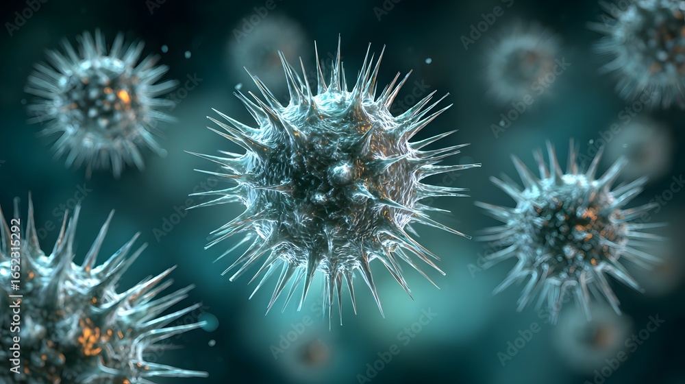 Poster close-up view of multiple microscopic viruses.