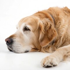 Senior Golden Retriever Lying Down Peacefully on White