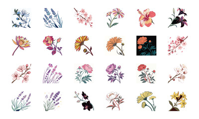 Set of 24 Beautiful Colorful Floral Illustrations Featuring Lavender, Lotus, Roses, Daisies, Gerbera, Hibiscus, Lilies, Peonies, Orchids, Cherry Blossoms, and Plumeria Flowers in Elegant Botanical Ar