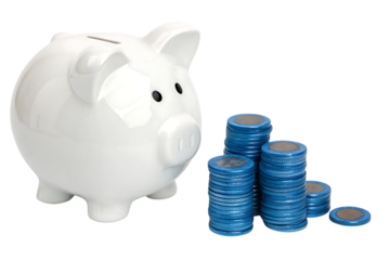 A white piggy bank next to stacks of euro coins on a black background symbolizing savings and finance created with generated ai
