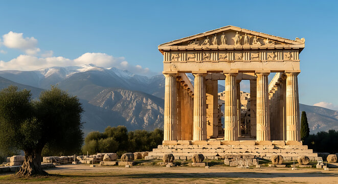 Ancient temple of athena pronaia at delphi with mountains and clear sky in the background on a sunny day