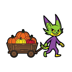 Fototapeta premium Cartoon Fox Character Pulling Wagon with Pumpkins - Isolated Illustration