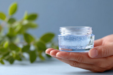 Hand holding cosmetic transparent jar with gel bubbles and green plant on background