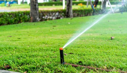 Sprinkler watering green lawn