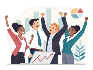 A group of diverse business people celebrating success with raised arms in front of a laptop and charts created with generated ai